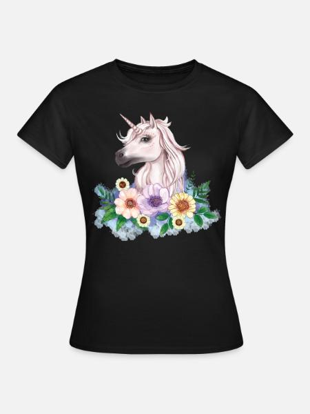 Einhorn mit Blumen - Dame-T-shirt - sort
