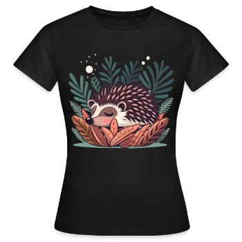 Cute sleeping hedgehog in bushes - Women's T-Shirt - black - Front - AI Model Female 172 dark (172cm)