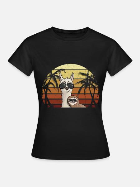 80er Retro Style Faultier auf Hipster Lama - Frauen T-Shirt - Schwarz