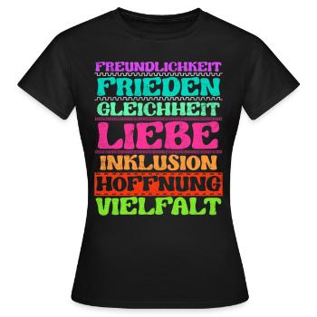 Inklusion Freundlichkeit Frieden Liebe Vielfalt - Frauen T-Shirt - Schwarz - Vorne - AI Model Female 172 dark (172cm)