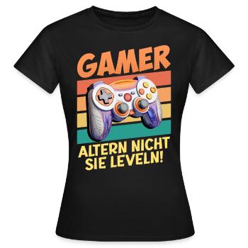 Gamer Altern nicht, Sie Leveln! Retro Gamer - Frauen T-Shirt - Schwarz - Vorne - AI Model Female 172 dark (172cm)