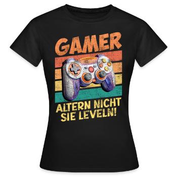 Gamer Altern nicht, Sie Leveln! Retro Gamer - Frauen T-Shirt - Schwarz - Vorne - AI Model Female 172 dark (172cm)