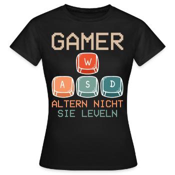 Gamer Altern nicht, Sie Leveln! Retro Gamer - Frauen T-Shirt - Schwarz - Vorne - AI Model Female 172 dark (172cm)