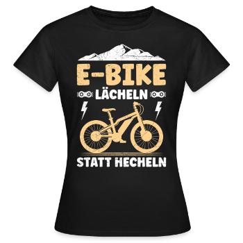 Elektro Fahrrad E-BIKE LÄCHELN STATT HECHELN - Frauen T-Shirt - Schwarz - Vorne - AI Model Female 172 dark (172cm)