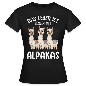 Alpaka DAS LEBEN IST BETTER MIT ALPAKAS Lustiges - Frauen T-Shirt - Schwarz - Vorne - AI Model Female 172 dark (172cm)