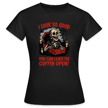 Offener Sarg Stil - Frauen T-Shirt - Schwarz - Vorne - AI Model Female 172 dark (172cm)