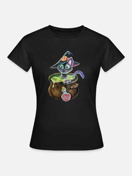 Hexenkatze im Topf - Frauen T-Shirt - Schwarz