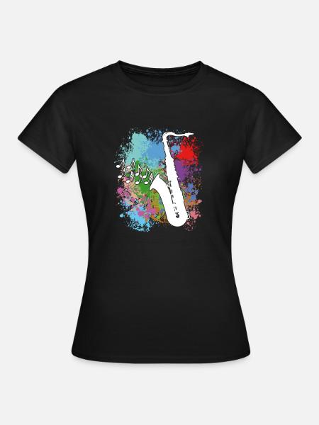 Saxofon auf Farbklecksen - Frauen T-Shirt - Schwarz