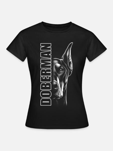 Dobermann Porträt mit vertikalem Schriftzug - Frauen T-Shirt - Schwarz