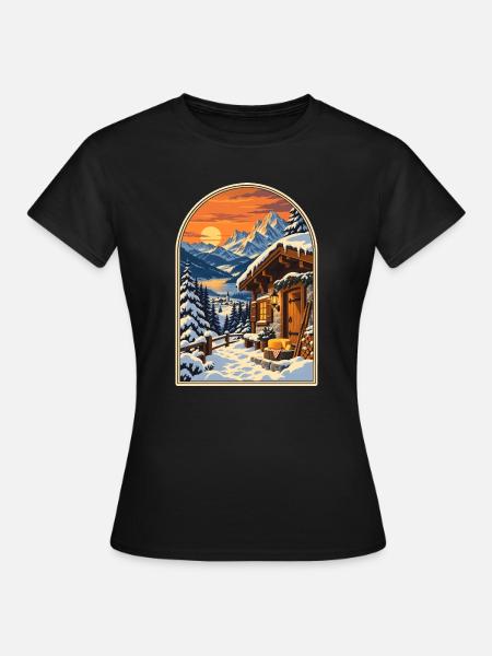 Alpenchalet bei Sonnenuntergang Reiseplakat - Frauen T-Shirt - Schwarz