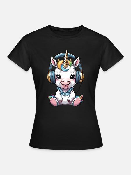 Bébé licorne avec écouteurs - T-shirt Femme - noir