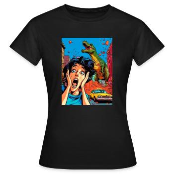Dinosaurier-Angriffs-Karikatur - Frauen T-Shirt - Schwarz - Vorne - AI Model Female 172 dark (172cm)
