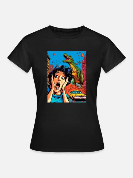 Dinosaurier-Angriffs-Karikatur - Frauen T-Shirt - Schwarz