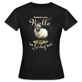 Komme was Wolle - Witziger Spruch Schaf Wortspiel - Frauen T-Shirt - Schwarz - Vorne - AI Model Female 172 dark (172cm)