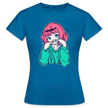 Filles Anime Bande dessinée Japonaise Manga - T-shirt Femme - bleu saphir antique chiné - Devant - AI Model Female 172 dark (172cm)