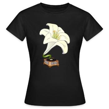 Le lys comme gramophone – Design floral nostalgique - T-shirt Femme - noir - Devant - AI Model Female 172 dark (172cm)