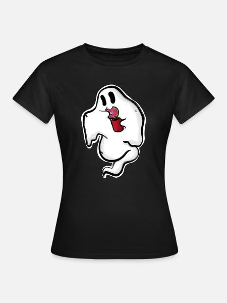 Geist mit Donut und Tasse - Frauen T-Shirt - Schwarz