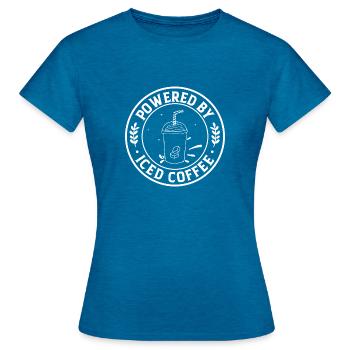 Powered by iced coffee- Kaffee Geschenk - Frauen T-Shirt - Antikblaues Saphir meliert - Vorne - AI Model Female 172 dark (172cm)