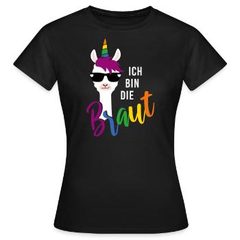 LGBTQ Braut Lama Einhorn Regenbogen JGA - Frauen T-Shirt - Schwarz - Vorne - AI Model Female 172 dark (172cm)