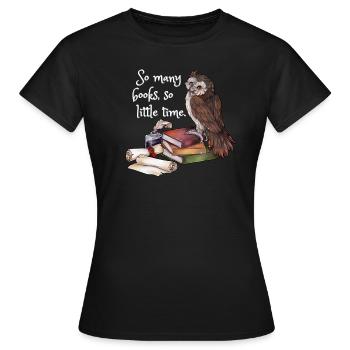 So many Books - Niedliche Eule auf Bücherstapel - Frauen T-Shirt - Schwarz - Vorne - AI Model Female 172 dark (172cm)
