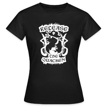 Sortie de The Quacken Funny Pirate Duck - T-shirt Femme - noir - Devant - AI Model Female 172 dark (172cm)