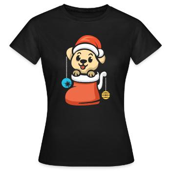 Weihnachtswelpe mit Schmuck im Stiefel - Frauen T-Shirt - Schwarz - Vorne - AI Model Female 172 dark (172cm)