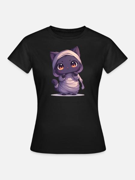 Niedliche Halloween Katze verkleidet als Mumie - Frauen T-Shirt - Schwarz