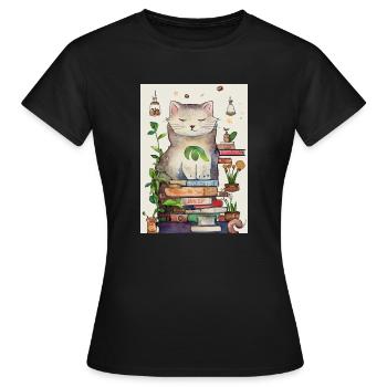 Eine kuschelige Katze auf einem Bücherstapel - Frauen T-Shirt - Schwarz - Vorne - AI Model Female 172 dark (172cm)