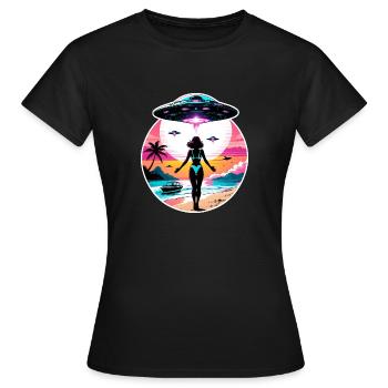 Alien invasion at the beach. - Women's T-Shirt - black - Front - AI Model Female 172 dark (172cm)