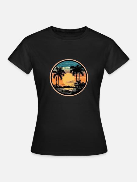 Retro Sunset Palm Ocean - Dame-T-shirt - sort