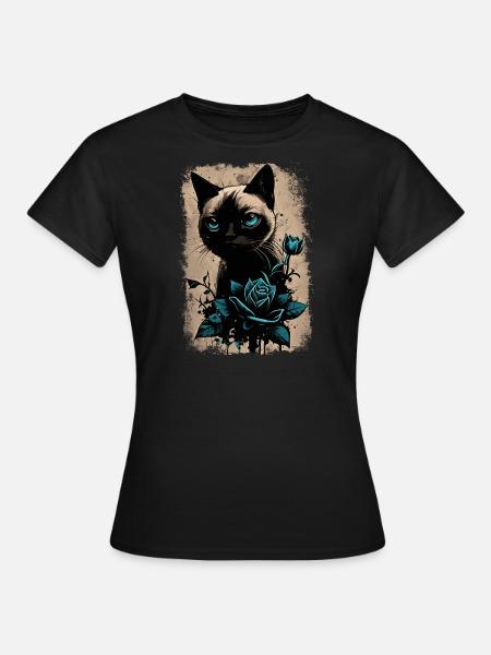 Siamkatze mit Blume - Frauen T-Shirt - Schwarz