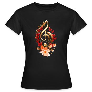 Clé de sol dorée avec des feuilles rouges. - T-shirt Femme - noir - Devant - AI Model Female 172 dark (172cm)
