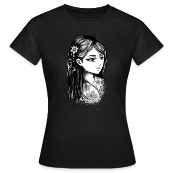 Schwarz-Weiß Kimono-Girl mit Blüten - Frauen T-Shirt - Schwarz - Vorne - AI Model Female 172 dark (172cm)