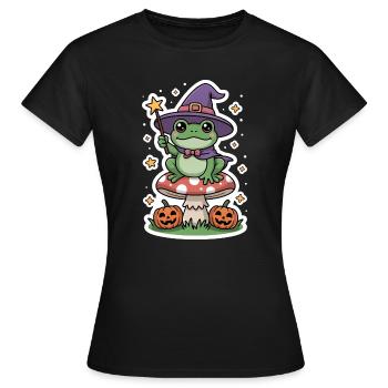 Grenouille sorcière d'Halloween sur amanite tue-mouches avec citrouille - T-shirt Femme - noir - Devant - AI Model Female 172 dark (172cm)