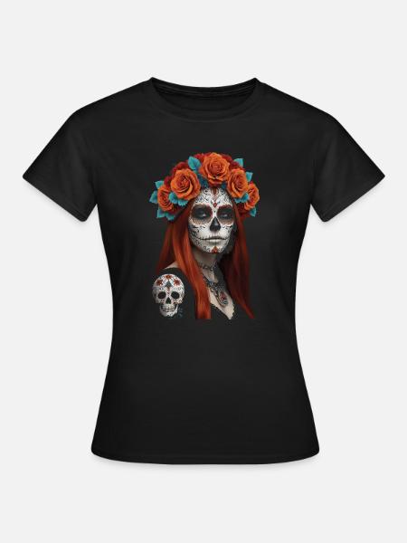Blumen Zucker Schädel Porträt - Frauen T-Shirt - Schwarz