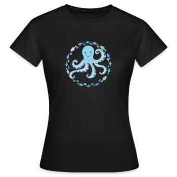 Pieuvre joyeuse et drôle avec des poissons colorés - T-shirt Femme - noir - Devant - AI Model Female 172 dark (172cm)