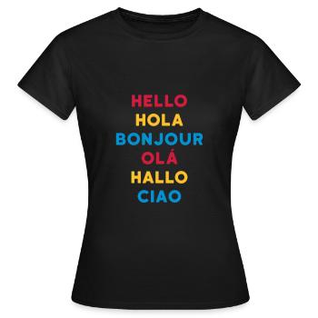 ★ Les couleurs de conception peuvent être modifiées ★ Bonjour Hola Bonjour Olá - T-shirt Femme - noir - Devant - AI Model Female 172 dark (172cm)