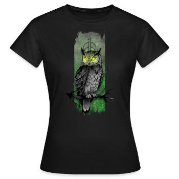 Enchanting Nocturne: Owl's Emerald Gaze - Women's T-Shirt - black - Front - AI Model Female 172 dark (172cm)