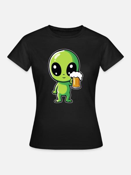 Alien mit Bier - Frauen T-Shirt - Schwarz