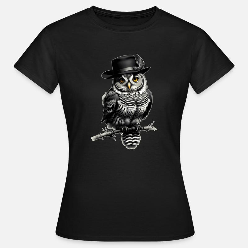 Eule mit Hut - Frauen T-Shirt - Schwarz