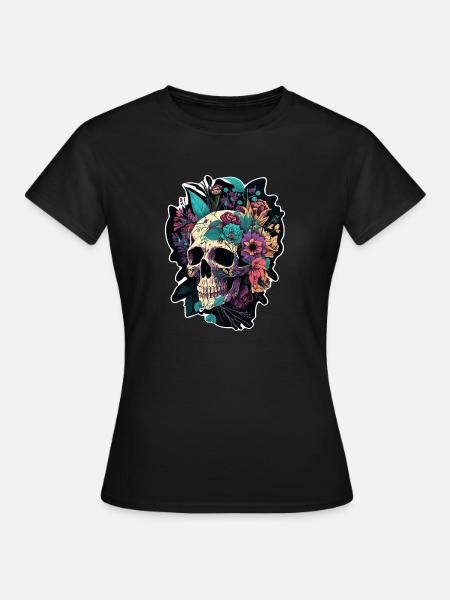 Menschlicher Schädel & Blumen 5 - Frauen T-Shirt - Schwarz