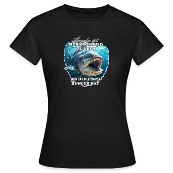 Geduld ist eine Tugend, Angeln auch - Frauen T-Shirt - Schwarz - Vorne - AI Model Female 172 dark (172cm)