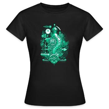 Steampunk steam engine with clockwork and technology - Women's T-Shirt - black - Front - AI Model Female 172 dark (172cm)