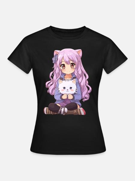 Kawaii Girl Anime Manga Fille et chat - T-shirt Femme - noir