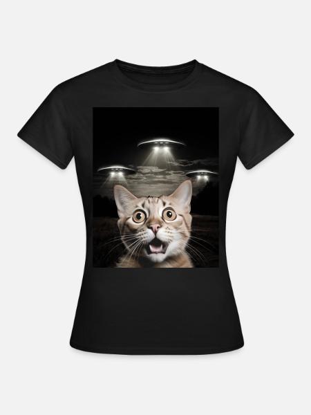 Morsom katt-selfie foran UFO-er Kat-UFO - T-skjorte for kvinner - svart