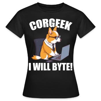 Corgi avec des lunettes I Will Byte ordinateur geek Corgeek - T-shirt Femme - noir - Devant - AI Model Female 172 dark (172cm)