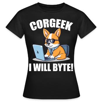 Corgi avec des lunettes I Will Byte ordinateur geek Corgeek - T-shirt Femme - noir - Devant - AI Model Female 172 dark (172cm)