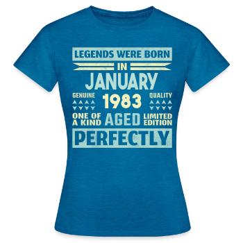 41e anniversaire janvier Vintage 1983 idée cadeau - T-shirt Femme - bleu saphir antique chiné - Devant - AI Model Female 172 dark (172cm)