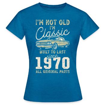 Born 1970's Birthday Classic Car - Women's T-Shirt - antique blue sapphire heather - Front - AI Model Female 172 dark (172cm)