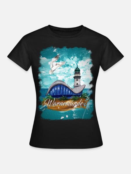 Warnemünder Teepot und Leuchtturm mit Möwe - Frauen T-Shirt - Schwarz